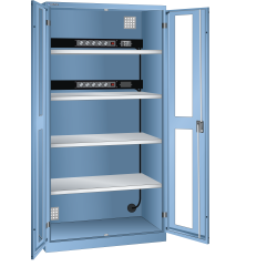 LISTA - Armoire de charge de batterie avec 2 portes à fenêtre transparente charnière (LxPxH) 1000x580x1950mm Type F 2x5 (230V) sur la paroi arrière, FI/LS 4 rayons KEY Lock Bleu clair RAL 5012