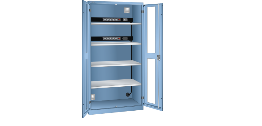 LISTA - Armoire charge batterie H 195 x L 100 x P 58 cm - 2 rampes électrique avec 5 prises (230V) sur la paroi arrière, FI/LS