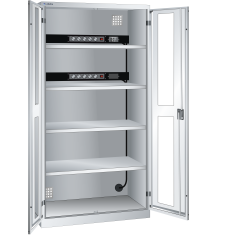 LISTA - Armoire de charge de batterie avec 2 portes à fenêtre transparente charnière (LxPxH) 1000x580x1950mm Type F 2x5 (230V) sur la paroi arrière, FI/LS 4 rayons KEY Lock Gris clair RAL 7035