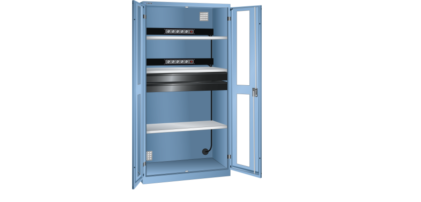 LISTA - Armoire charge batterie H 195 x L 100 x P 58 cm - 2 rampes électrique avec 5 prises (230V) - 2 tiroirs laqués gris anthracite