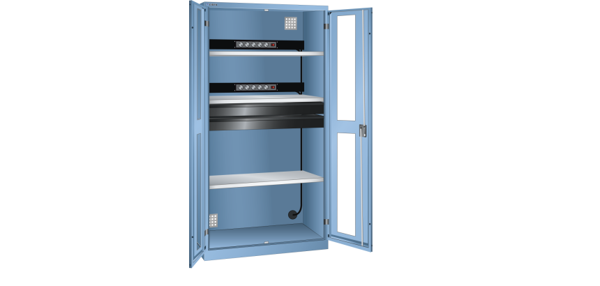 LISTA - Armoire charge batterie H 195 x L 100 x P 58 cm - 2 rampes électrique avec 5 prises (230V) - 2 tiroirs laqués gris anthracite