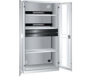 LISTA - Armoire charge batterie H 195 x L 100 x P 58 cm - 2 rampes électrique avec 5 prises (230V) - 2 tiroirs laqués gris anthracite