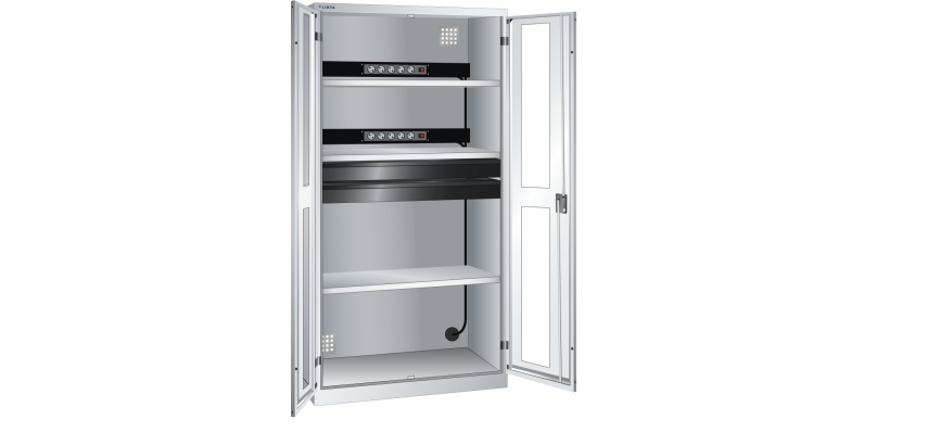 LISTA - Armoire charge batterie H 195 x L 100 x P 58 cm - 2 rampes électrique avec 5 prises (230V) - 2 tiroirs laqués gris anthracite