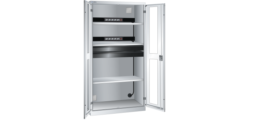 LISTA - Armoire charge batterie H 195 x L 100 x P 58 cm - 2 rampes électrique avec 5 prises (230V) - 2 tiroirs laqués gris anthracite