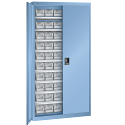 LISTA - Armoires à récipients avec 2 portes en tôle pleine charnière (LxPxH) 1000x300x1950mm 9 rayons, 60 récipients synoptiques KEY Lock Bleu clair RAL 5012