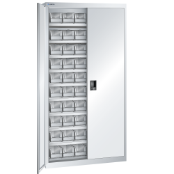 LISTA - Armoires à récipients avec 2 portes en tôle pleine charnière (LxPxH) 1000x300x1950mm 9 rayons, 60 récipients synoptiques KEY Lock Gris clair RAL 7035