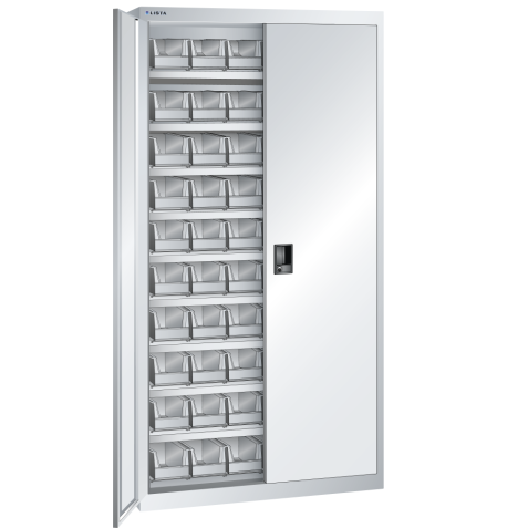 LISTA - Armoires à récipients avec 2 portes en tôle pleine charnière (LxPxH) 1000x300x1950mm 9 rayons, 60 récipients synoptiques KEY Lock Gris clair RAL 7035
