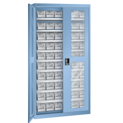 LISTA - Armoires à récipients avec 2 portes à fenêtre transparente charnière (LxPxH) 1000x300x1950mm 9 rayons, 60 récipients synoptiques KEY Lock Bleu clair RAL 5012