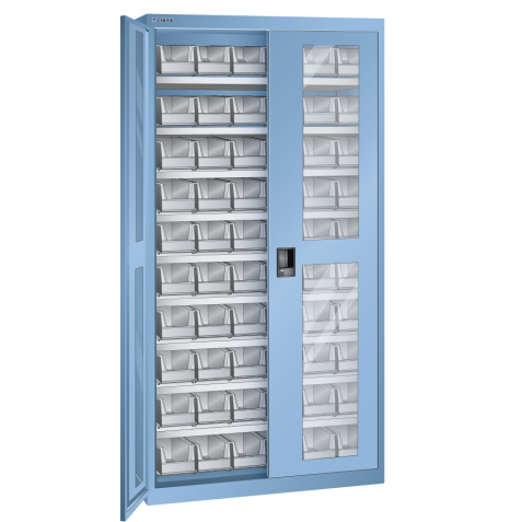 LISTA - Armoires à récipients avec 2 portes à fenêtre transparente charnière (LxPxH) 1000x300x1950mm 9 rayons, 60 récipients synoptiques KEY Lock Bleu clair RAL 5012