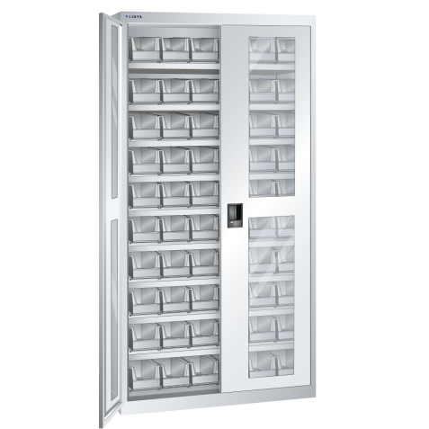 LISTA - Armoires à récipients avec 2 portes à fenêtre transparente charnière (LxPxH) 1000x300x1950mm 9 rayons, 60 récipients synoptiques KEY Lock Gris clair RAL 7035