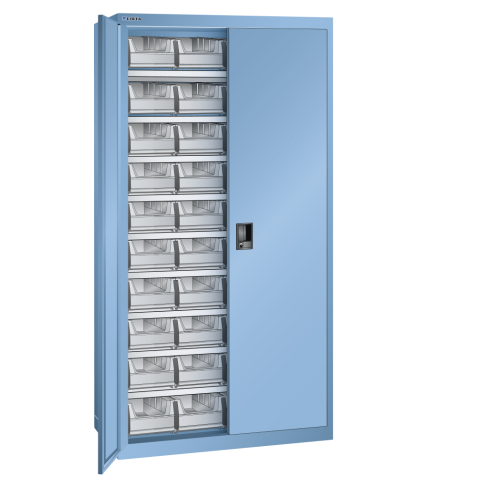 LISTA - Armoires à récipients avec 2 portes en tôle pleine charnière (LxPxH) 1000x400x1950mm 9 rayons, 40 récipients synoptiques KEY Lock Bleu clair RAL 5012