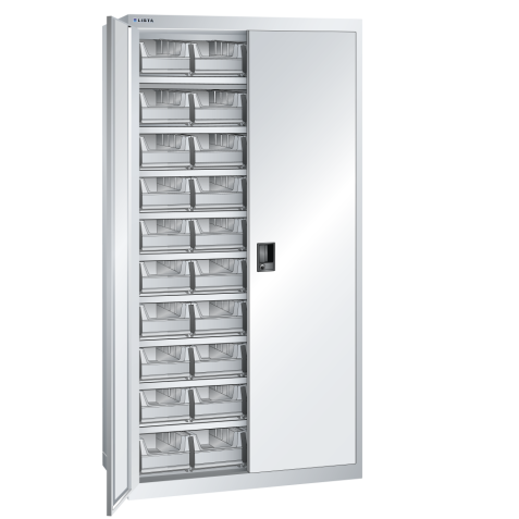 LISTA - Armoires à récipients avec 2 portes en tôle pleine charnière (LxPxH) 1000x400x1950mm 9 rayons, 40 récipients synoptiques KEY Lock Gris clair RAL 7035