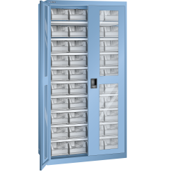 LISTA - Armoires à récipients avec 2 portes à fenêtre transparente charnière (LxPxH) 1000x400x1950mm 9 rayons, 40 récipients synoptiques KEY Lock Bleu clair RAL 5012