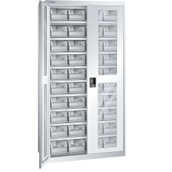 LISTA - Armoires à récipients avec 2 portes à fenêtre transparente charnière (LxPxH) 1000x400x1950mm 9 rayons, 40 récipients synoptiques KEY Lock Gris clair RAL 7035