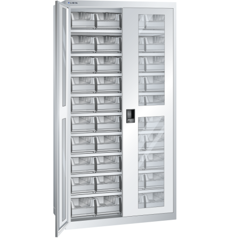 LISTA - Armoires à récipients avec 2 portes à fenêtre transparente charnière (LxPxH) 1000x400x1950mm 9 rayons, 40 récipients synoptiques KEY Lock Gris clair RAL 7035