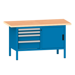LISTA - Établi compact (LxPxH) 1500x700x840mm 1 porte battante, 2 rayons, 4 tiroirs, multiplex KEY Lock Bleu clair RAL 5012