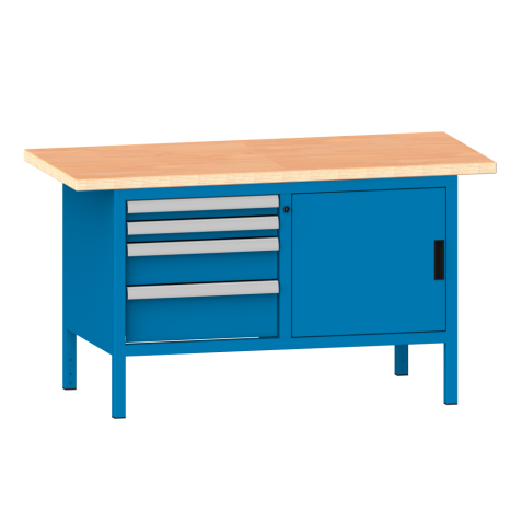LISTA - Établi compact (LxPxH) 1500x700x840mm 1 porte battante, 2 rayons, 4 tiroirs, multiplex KEY Lock Bleu clair RAL 5012