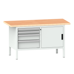 LISTA - Établi compact (LxPxH) 1500x700x840mm 1 porte battante, 2 rayons, 4 tiroirs, multiplex KEY Lock Gris clair RAL 7035
