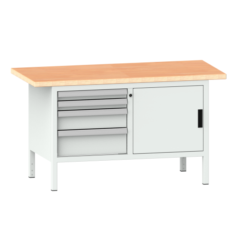 LISTA - Établi compact (LxPxH) 1500x700x840mm 1 porte battante, 2 rayons, 4 tiroirs, multiplex KEY Lock Gris clair RAL 7035
