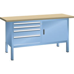 LISTA - Établi compact (LxPxH) 1500x700x850mm 1 porte battante, 2 rayons, 4 tiroirs, hêtre KEY Lock Bleu clair RAL 5012