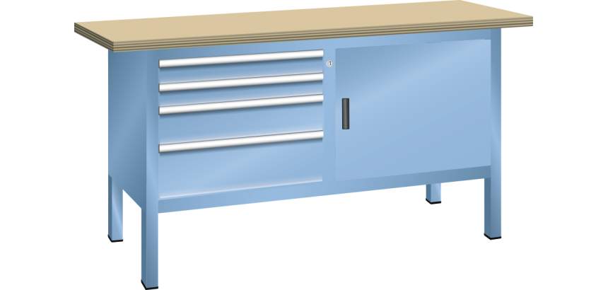 Lista - Établi compact plateau 150 x 70 cm - 1 porte battante - 2 rayons - 4 tiroirs