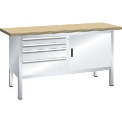 LISTA - Établi compact (LxPxH) 1500x700x850mm 1 porte battante, 2 rayons, 4 tiroirs, hêtre KEY Lock Gris clair RAL 7035