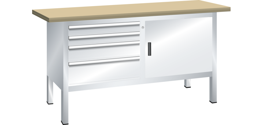 Lista - Établi compact plateau 150 x 70 cm - 1 porte battante - 2 rayons - 4 tiroirs