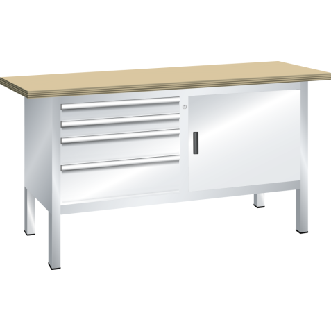 LISTA - Établi compact (LxPxH) 1500x700x850mm 1 porte battante, 2 rayons, 4 tiroirs, hêtre KEY Lock Gris clair RAL 7035