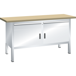 LISTA - Établi compact (LxPxH) 1500x700x840mm 2 portes battantes, 2 rayons, 2 tiroirs, multiplex KEY Lock Gris clair RAL 7035