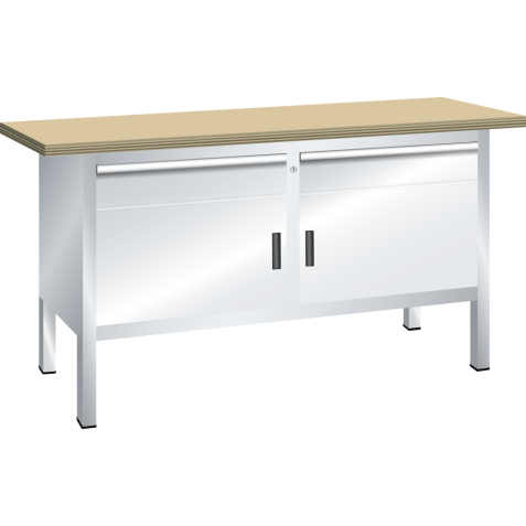 LISTA - Établi compact (LxPxH) 1500x700x840mm 2 portes battantes, 2 rayons, 2 tiroirs, multiplex KEY Lock Gris clair RAL 7035