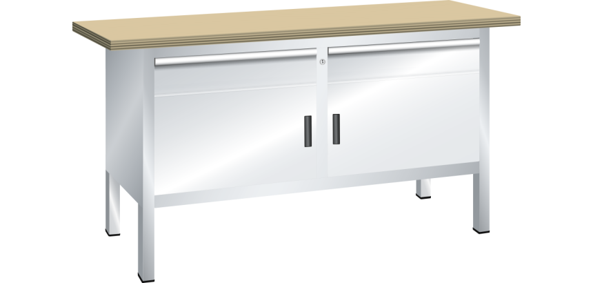 Lista - Établi compact plateau 150 x 70 cm - 2 porte battantes - 2 rayons - 2 tiroirs
