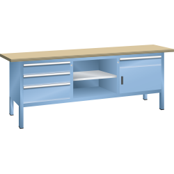 LISTA - Établi compact (LxPxH) 2000x700x840mm 1 porte battante, 3 rayons, 4 tiroirs, multiplex KEY Lock Bleu clair RAL 5012