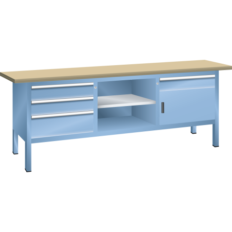 LISTA - Établi compact (LxPxH) 2000x700x840mm 1 porte battante, 3 rayons, 4 tiroirs, multiplex KEY Lock Bleu clair RAL 5012