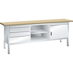 LISTA - Établi compact (LxPxH) 2000x700x840mm 1 porte battante, 3 rayons, 4 tiroirs, multiplex KEY Lock Gris clair RAL 7035
