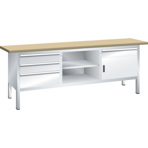 LISTA - Établi compact (LxPxH) 2000x700x840mm 1 porte battante, 3 rayons, 4 tiroirs, multiplex KEY Lock Gris clair RAL 7035
