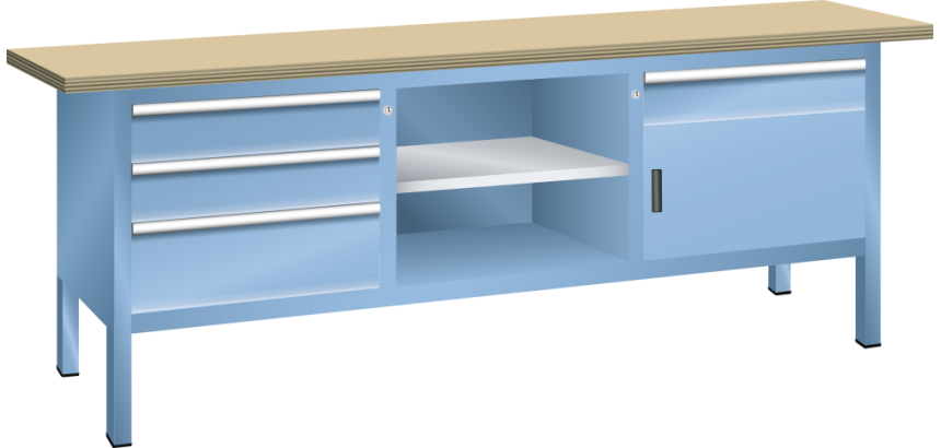 Lista - Établi compact plateau 200 x 70 cm - 1 porte battantes - 3 rayons - 4 tiroirs