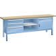 LISTA - Établi compact (LxPxH) 2000x700x850mm 1 porte battante, 3 rayons, 4 tiroirs, hêtre KEY Lock Bleu clair RAL 5012