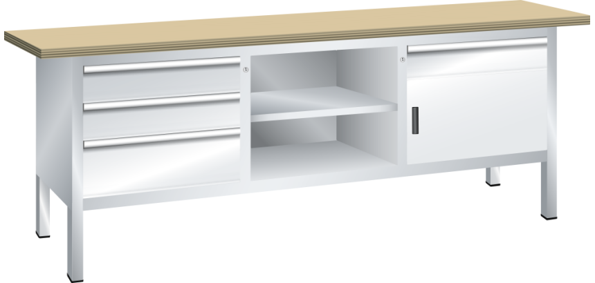 Lista - Établi compact plateau 200 x 70 cm - 1 porte battantes - 3 rayons - 4 tiroirs