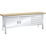 Établi compact Lista H 84 x L 200 x P 70 cm, plateau en multiplex, 2 portes battantes, 2 rayons, 7 tiroirs