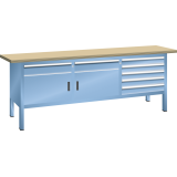 Établi compact Lista H 85 x L 200 x P 70 cm, plateau en hêtre massif, 2 portes battantes, 2 rayons, 7 tiroirs