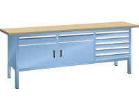 LISTA - Établi compact plateau 200 x 70 cm - 2 porte battantes - 2 rayons - 7 tiroirs