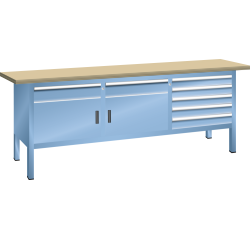 Lista - Établi compact plateau 200 x 70 cm - 2 porte battantes - 2 rayons - 7 tiroirs