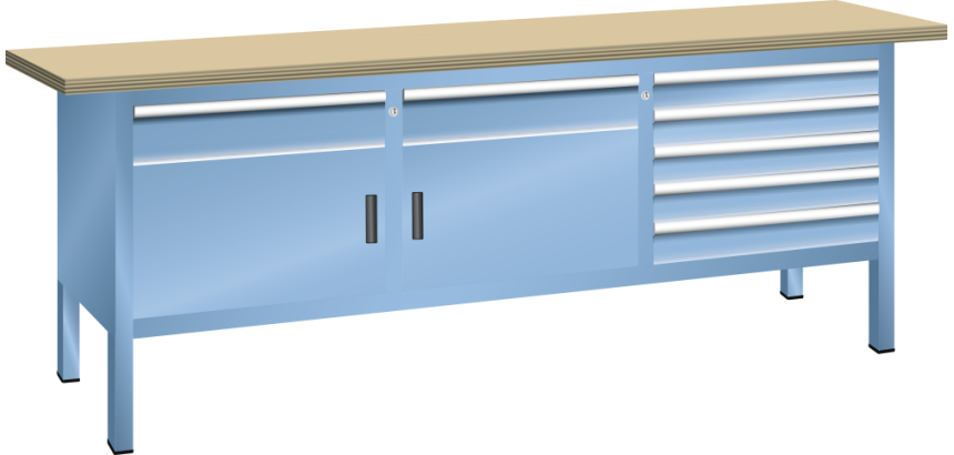 Lista - Établi compact plateau 200 x 70 cm - 2 porte battantes - 2 rayons - 7 tiroirs