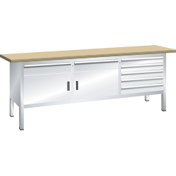 LISTA - Établi compact (LxPxH) 2000x700x850mm 2 portes battantes, 2 rayons, 7 tiroirs, hêtre KEY Lock Gris clair RAL 7035
