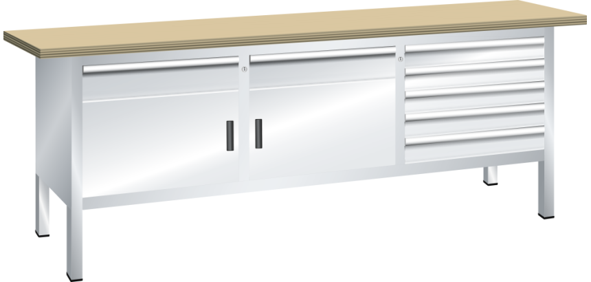 Lista - Établi compact plateau 200 x 70 cm - 2 porte battantes - 2 rayons - 7 tiroirs