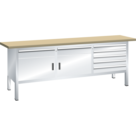 LISTA - Établi compact (LxPxH) 2000x700x850mm 2 portes battantes, 2 rayons, 7 tiroirs, hêtre KEY Lock Gris clair RAL 7035