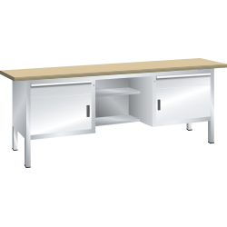 LISTA - Établi compact (LxPxH) 2000x700x840mm 2 portes battantes, 4 rayons, 2 tiroirs, multiplex KEY Lock Gris clair RAL 7035