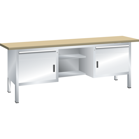 LISTA - Établi compact (LxPxH) 2000x700x840mm 2 portes battantes, 4 rayons, 2 tiroirs, multiplex KEY Lock Gris clair RAL 7035