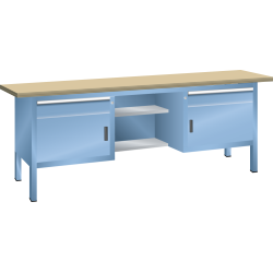 LISTA - Établi compact (LxPxH) 2000x700x850mm 2 portes battantes, 4 rayons, 2 tiroirs, hêtre KEY Lock Bleu clair RAL 5012