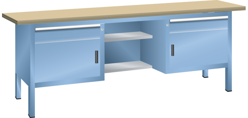 Lista - Établi compact plateau 200 x 70 cm - 2 porte battantes - 4 rayons - 2 tiroirs